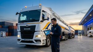 Un conductor posa junto a un camión de Vázquez Portela mientras gestiona documentación digital de la carga en una tablet